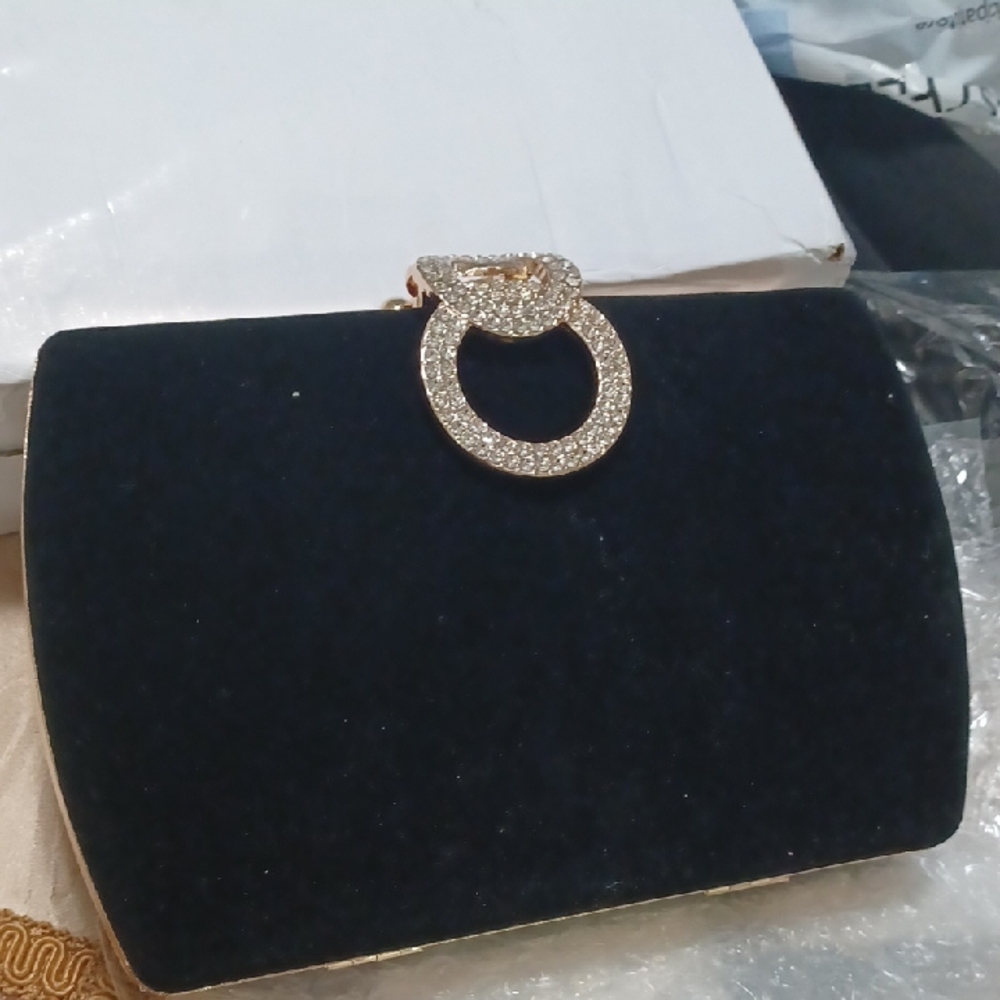 Velvet Black Clutch w/Crystal & Gold Accents